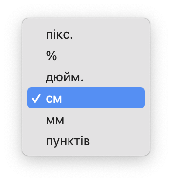 Вибір одиниці вимірювання розміру в програмі оглядач на мак. 